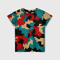 Детская футболка Камуфляж пиксельный: красный/голубой