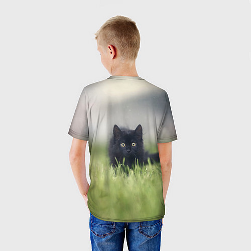 Детская футболка Черный кот на лугу / 3D-принт – фото 4