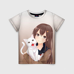 Детская футболка Девочка и белый кот аниме