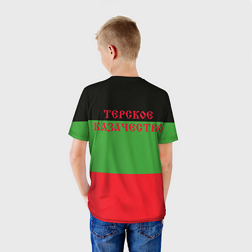 Детская футболка Казак ПМВ на фоне флага Терских Казаков / 3D-принт – фото 4
