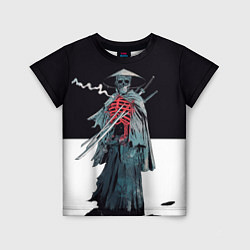 Детская футболка Скелет Самурай с трубкой на черно белом фоне
