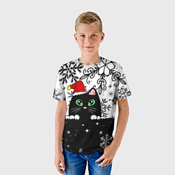 Футболка детская Новогодний кот в колпаке Санты, цвет: 3D-принт — фото 2