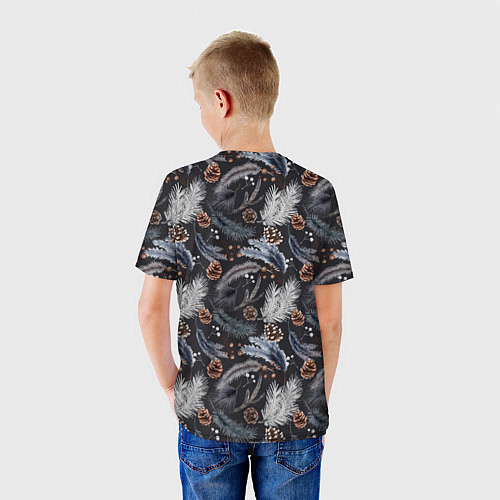 Детская футболка Узор из еловых веток и шишек Акварельный рисунок / 3D-принт – фото 4