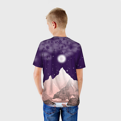 Детская футболка Зимнее лунное небо в горах со снегопадом / 3D-принт – фото 4