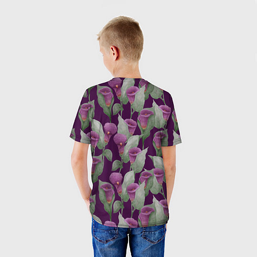 Детская футболка Фиолетовые каллы на темно фиолетовом фоне / 3D-принт – фото 4