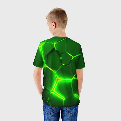 Детская футболка 3D ПЛИТЫ НЕОН NEON GREEN HEXAGON РАЗЛОМ / 3D-принт – фото 4