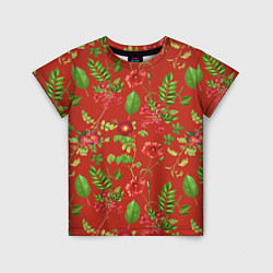 Детская футболка Паттерн из листьев на красном фоне