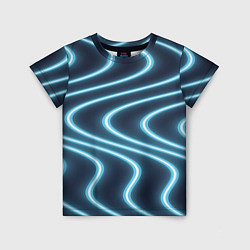 Детская футболка Неоновый свет Волны голубые на темном фоне