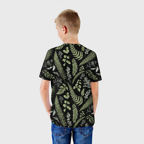 Детская футболка Зелёные листья папоротника на черном фоне / 3D-принт – фото 4