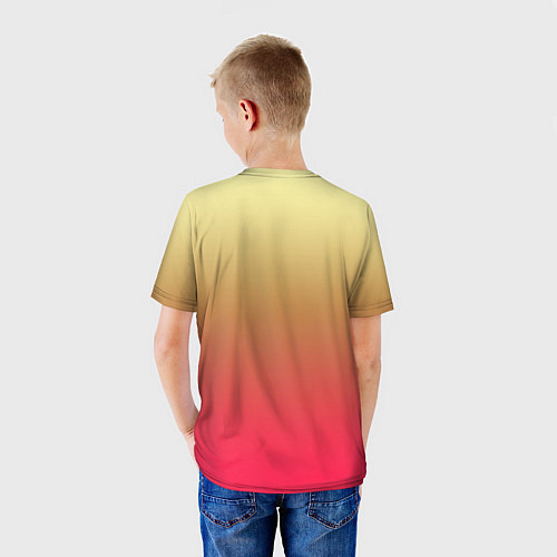Детская футболка Черные абстрактные цветы на красно-желтом градиент / 3D-принт – фото 4