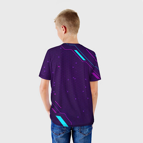 Детская футболка Символ Watch Dogs в неоновых цветах на темном фоне / 3D-принт – фото 4