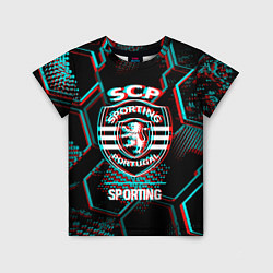 Детская футболка Sporting FC в стиле Glitch на темном фоне