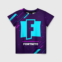Детская футболка Символ Fortnite в неоновых цветах на темном фоне