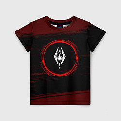 Детская футболка Символ Skyrim и краска вокруг на темном фоне