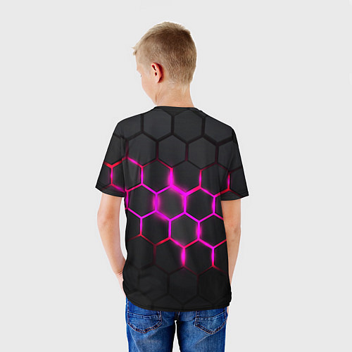 Детская футболка Объёмные соты - неоновые проблески / 3D-принт – фото 4