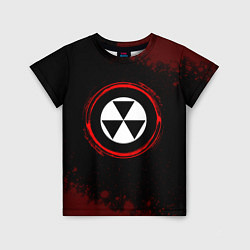 Детская футболка Символ Fallout и краска вокруг на темном фоне