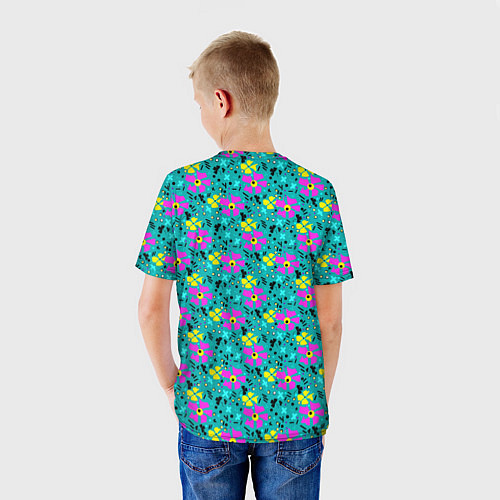 Детская футболка Яркий цветочный узор на бирюзовом фоне / 3D-принт – фото 4