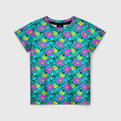Детская футболка Яркий цветочный узор на бирюзовом фоне