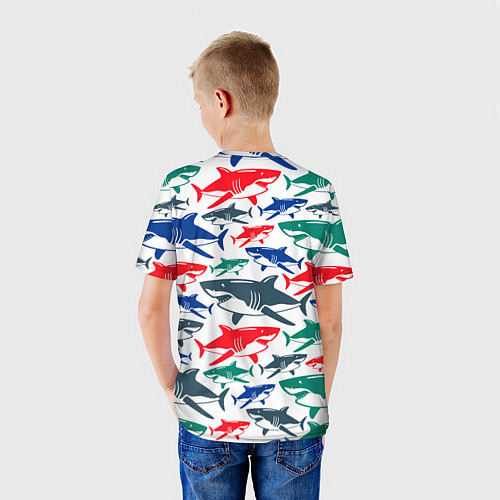 Детская футболка Стая разноцветных акул - паттерн / 3D-принт – фото 4