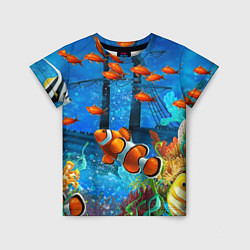 Детская футболка Затонувший корабль в окружении обитателей океана