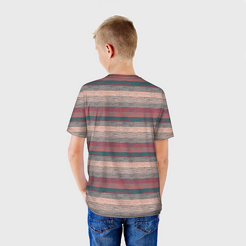 Детская футболка Серые, бежевые, красные полосы с текстурой дерева / 3D-принт – фото 4