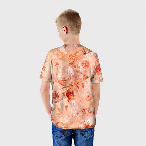 Детская футболка Гранжевый цветочный узор, коралловый фон / 3D-принт – фото 4