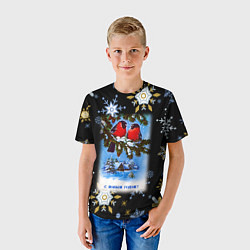 Футболка детская Новый Год Два Снегиря Сидят На Ветке, цвет: 3D-принт — фото 2