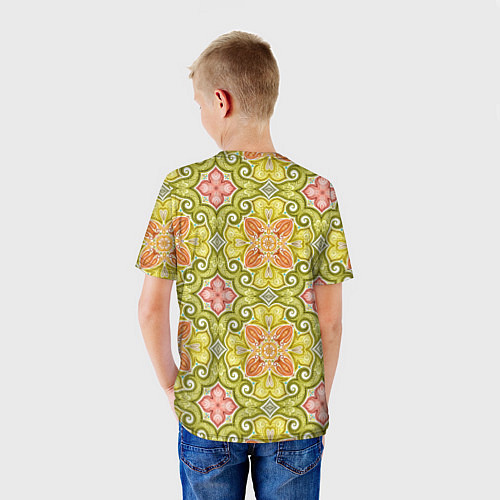 Детская футболка Зеленые узоры и оранжевые цветы / 3D-принт – фото 4