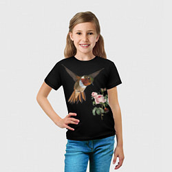 Футболка детская Птицы колибри розы на черном фоне, цвет: 3D-принт — фото 2
