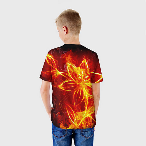 Детская футболка Цветок из огня на чёрном фоне / 3D-принт – фото 4