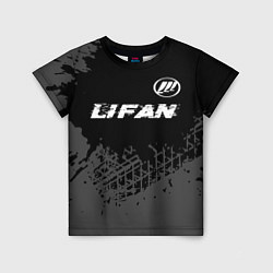 Детская футболка Lifan speed на темном фоне со следами шин: символ