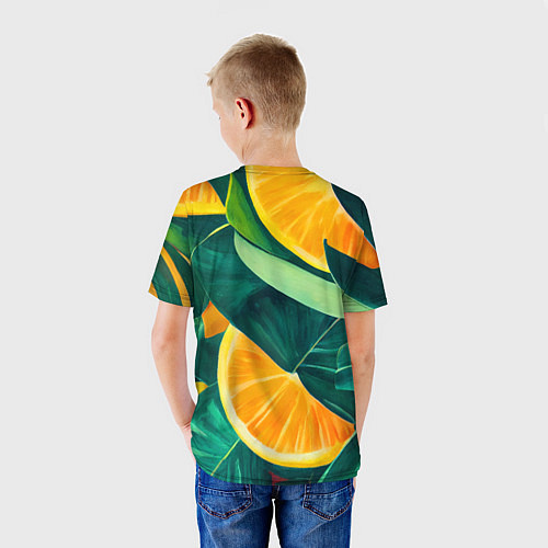Детская футболка Листья монстеры и дольки апельсинов / 3D-принт – фото 4