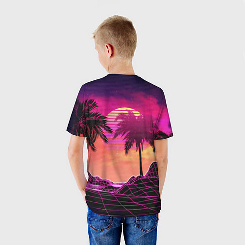 Детская футболка Пальмы и пляж в розовом закате ретро дизайн / 3D-принт – фото 4