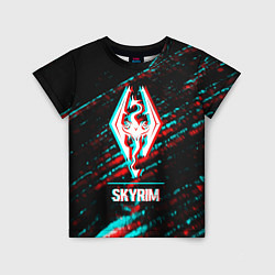 Детская футболка Skyrim в стиле glitch и баги графики на темном фон
