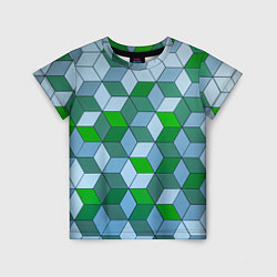 Детская футболка Зелёные и серые абстрактные кубы с оптической иллю