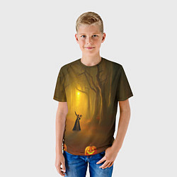 Футболка детская Ведьма в черном платье в заколдованном лесу с тыкв, цвет: 3D-принт — фото 2