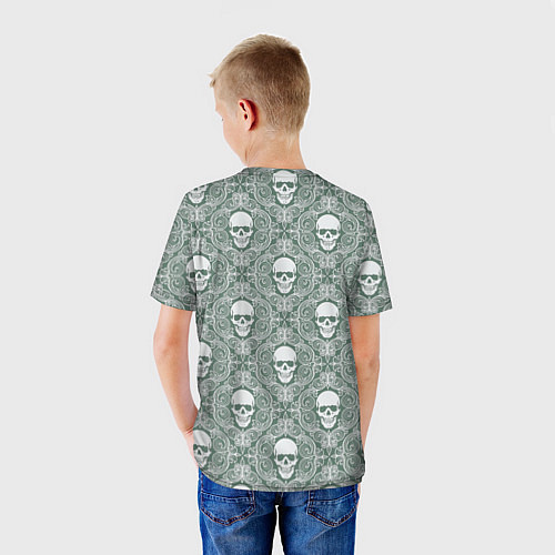 Детская футболка Уэнсдэй на фоне черепков / 3D-принт – фото 4