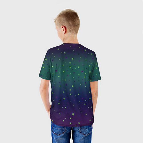 Детская футболка Неоновые зеленые и сиреневые звезды на темно зелен / 3D-принт – фото 4