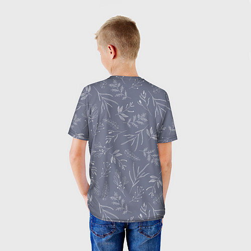 Детская футболка Минималистичный растительный узор на серо-голубом / 3D-принт – фото 4