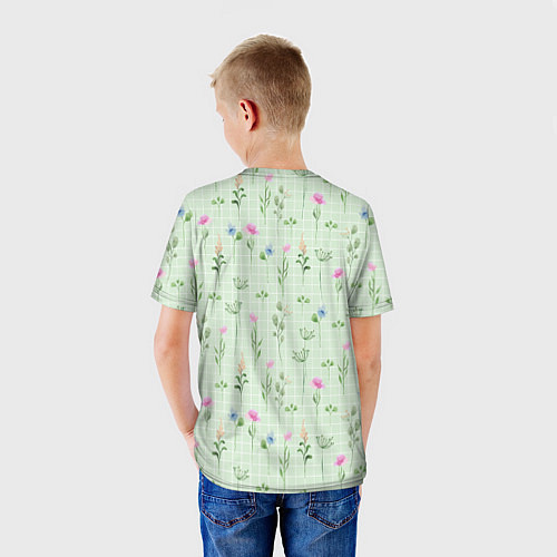 Детская футболка Акварельные растения на зеленой клетке / 3D-принт – фото 4
