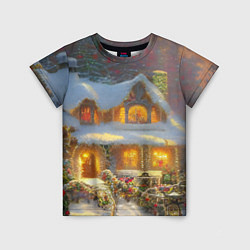 Детская футболка Заснеженные деревья и новогодний коттедж с гирлянд