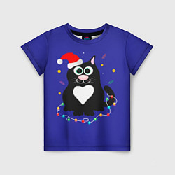 Детская футболка Черный пушистый кот в шапке Санта Клауса