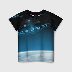 Детская футболка Космический корабль в космосе над планетой