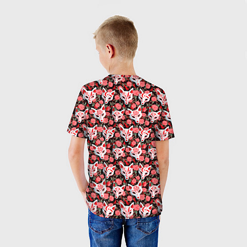 Детская футболка Маски лисиц кицунэ и камелия на черном / 3D-принт – фото 4