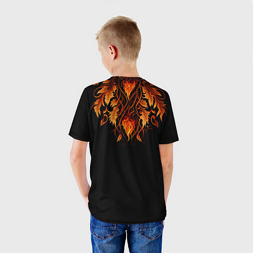 Детская футболка Девушка в стиле ар-нуво с огнем и осенними листьям / 3D-принт – фото 4