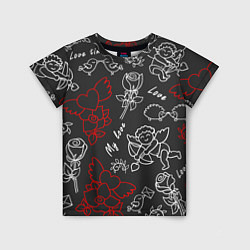 Детская футболка Летающие сердца купидоны розы на черном фоне