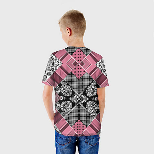 Детская футболка Геометрический розово-черный с белым узор / 3D-принт – фото 4