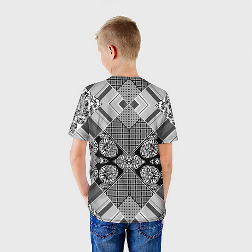 Детская футболка Черно белый этнический лоскутный узор / 3D-принт – фото 4