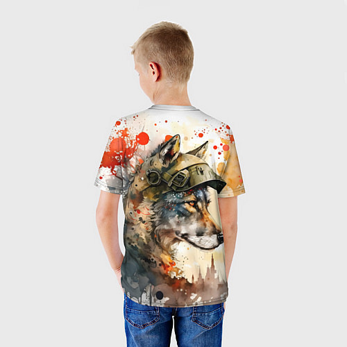 Детская футболка Акварельный волк солдат / 3D-принт – фото 4