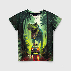 Детская футболка Динозавр в погоне за машиной в джунглях